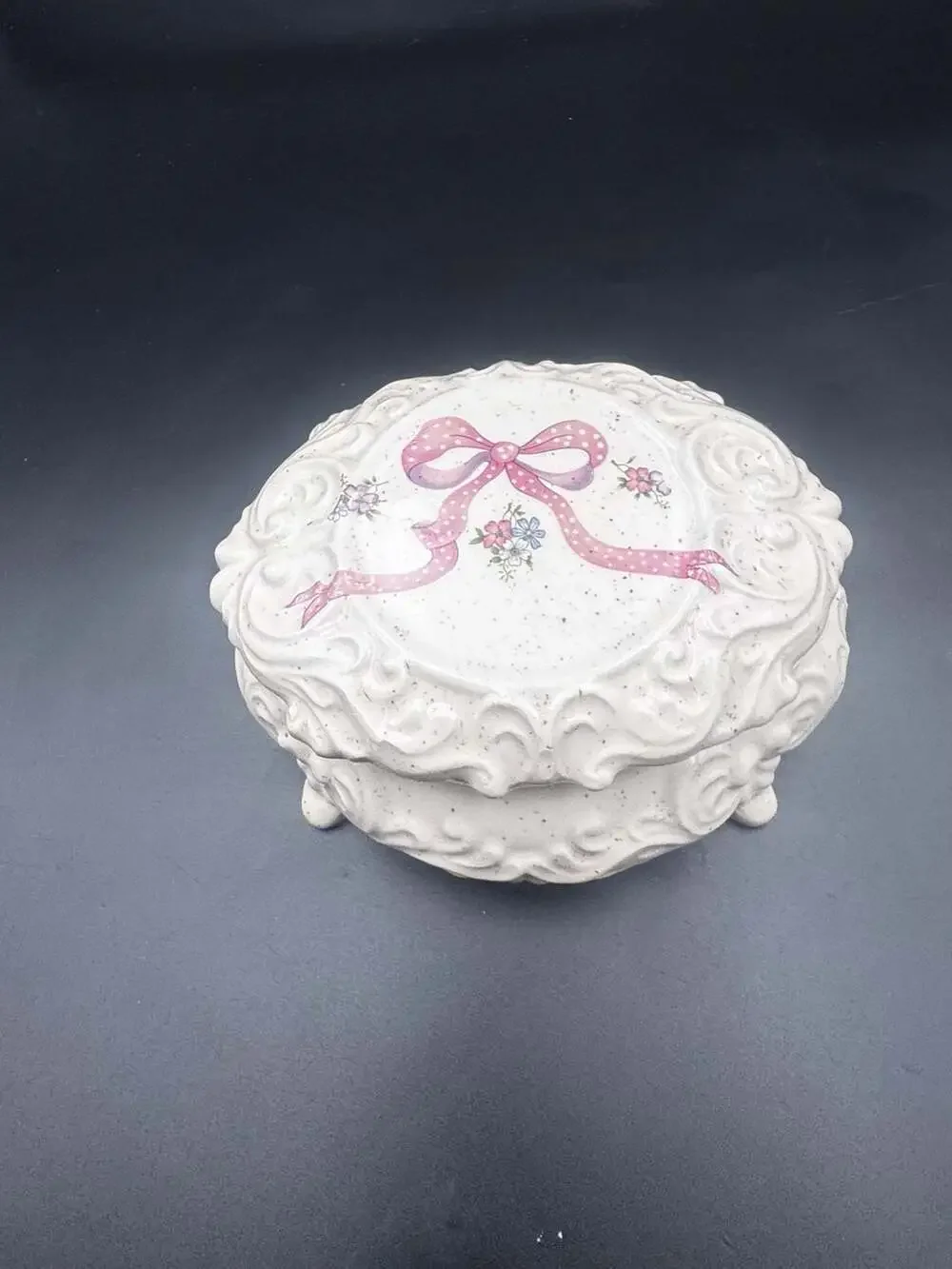 Vintage Ceramic Footed Trinket Box with Pink Bow and Floral Design